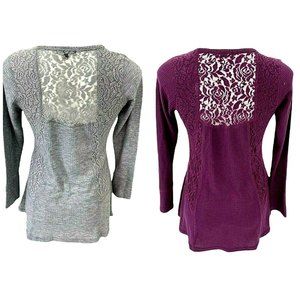 Lot of 2 Rxb Womens Top Medium Lace Thermal Waffle Knit Long Sleeve Gray Purple